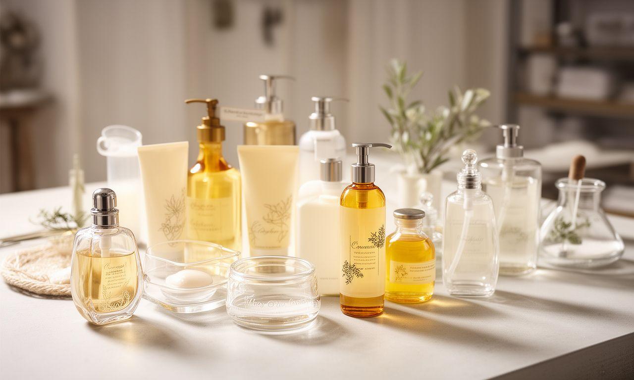 Handgemachte Kosmetikprodukte und Glasflakons auf einem ruhigen Atelier-Tisch in Zürich