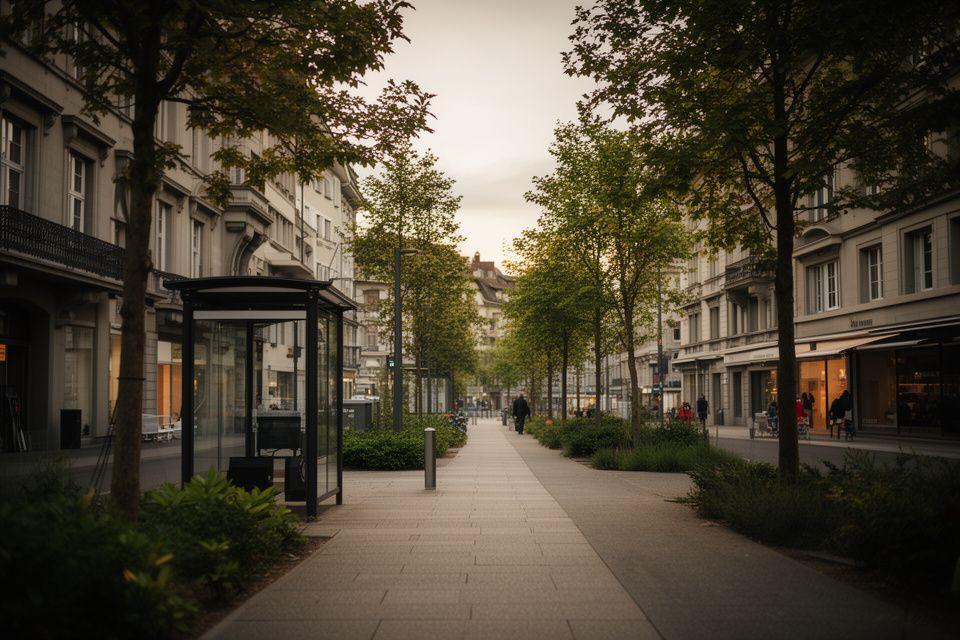 Stilvolle Zürcher Strassenszene in der Nähe des Hardhofs mit ruhigem Gehweg und Stadtgrün