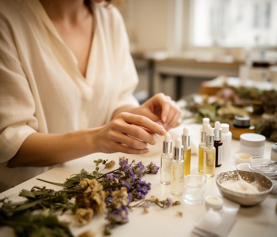 Gründerin in einem hellen Zürcher Atelier mit Glasfläschchen, getrockneten Blüten und handbeschrifteten Rezepturnotizen